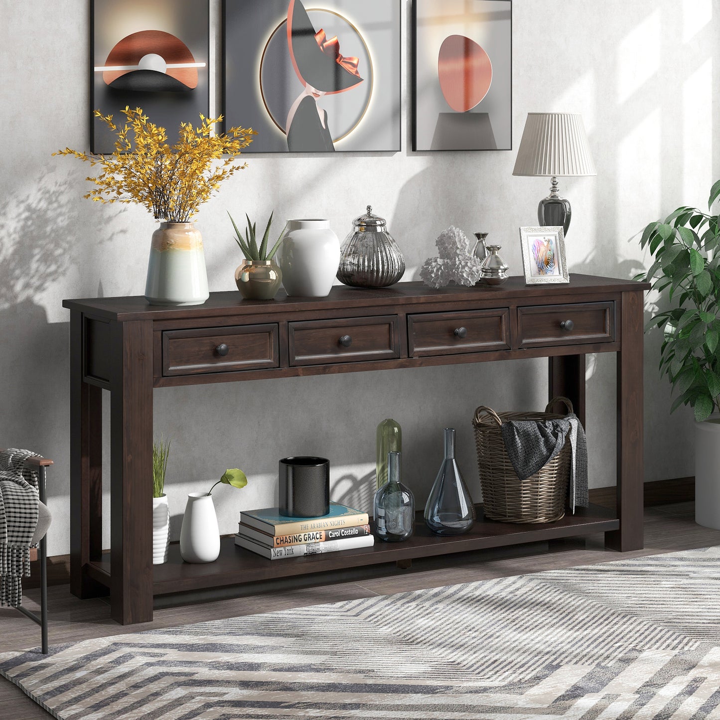 Hearth & Haven Clara Console Table with Storage Drawers and Bottom Shelf, Espresso