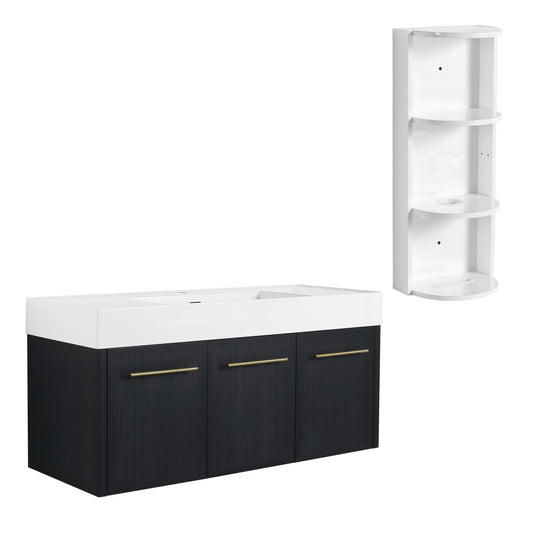 Modern Style 48 Inch Wall-Mounted Bathroom Vanity with Thick Edged Resin Basin and Storage Rack, Black Chestnut Plywood