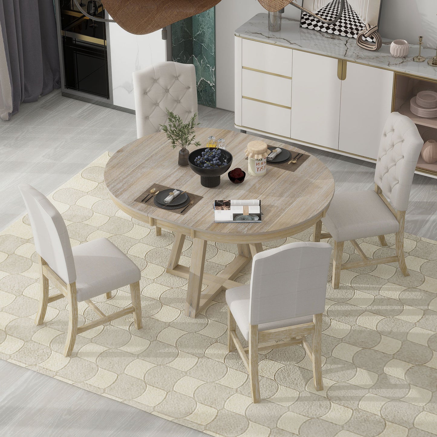 TREXM 5-Piece Retro Functional Dining Set, Round Table with a 16'W Leaf and 4 Upholstered Chairs for Dining Room and Living Room (Natural)