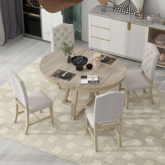 TREXM 5-Piece Retro Functional Dining Set, Round Table with a 16'W Leaf and 4 Upholstered Chairs for Dining Room and Living Room (Natural)