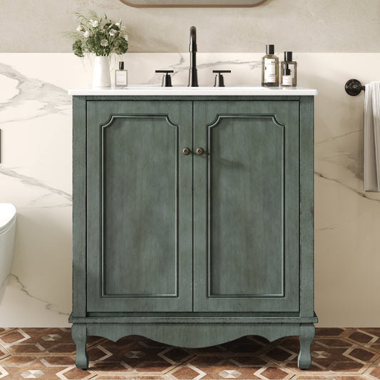 30' Vintage Bathroom Vanity with Rectangle Ceramic Sink,  Bathroom Vanity Cabinet with Antique Handles, Bathroom Storage Cabinet with Rubber Wood Legs and Adjustable shelves, Antique Blue Green