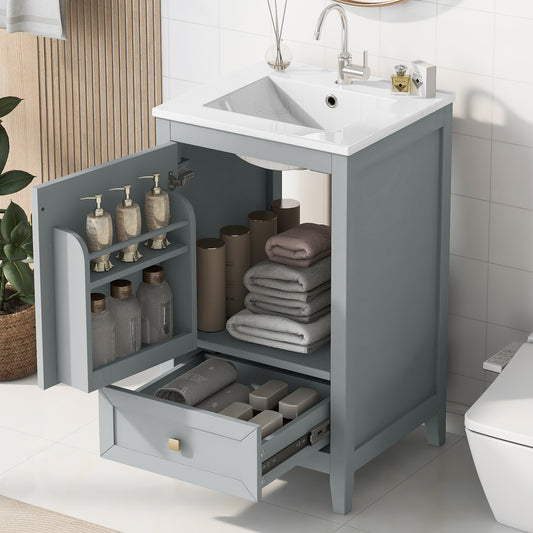 20' Bathroom Vanity with Sink, Bathroom Cabinet with Soft Closing Door, Storage Rack and A Drawer, Grey