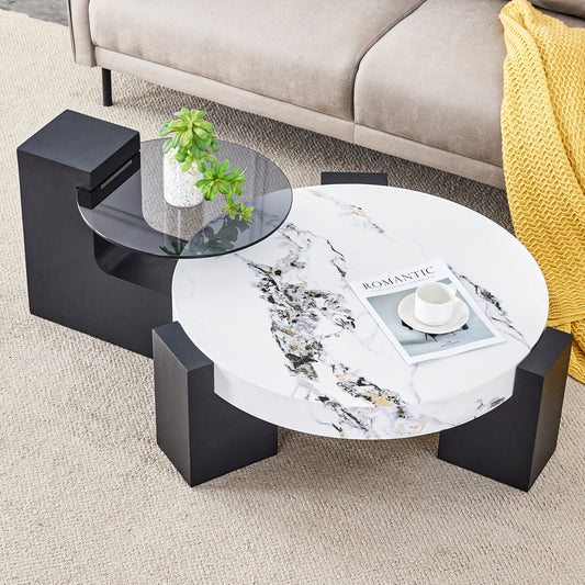 Modern Simple Double-Layer Round Coffee Table - Transparent Gray Glass Top with Black MDF L-Shaped Legs.The detachable design can make the use of space more flexible.
