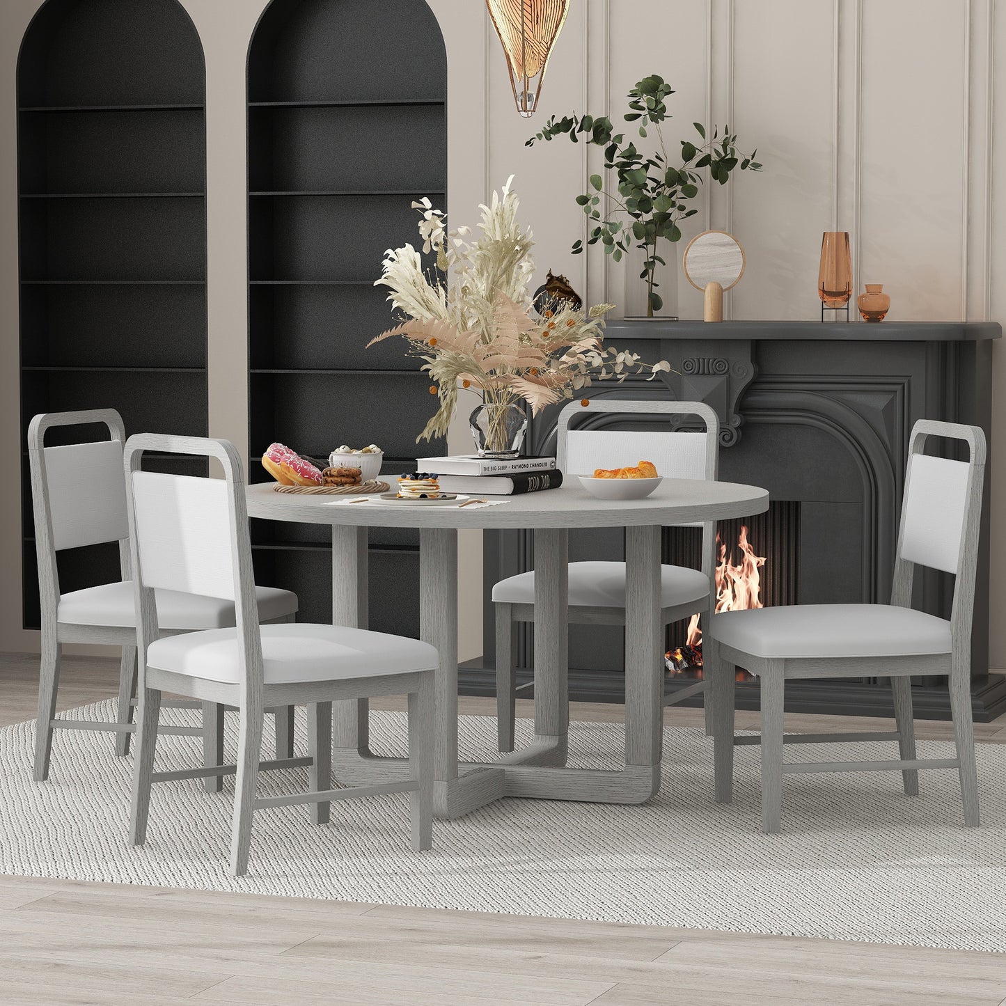 TREXM 5-Piece Round Dining Table Set for 4 with Upholstered Chairs, Wood Dining Table Set with Radial Wood Grain Design Top for Dining Room and Kitchen (Antique Gray)