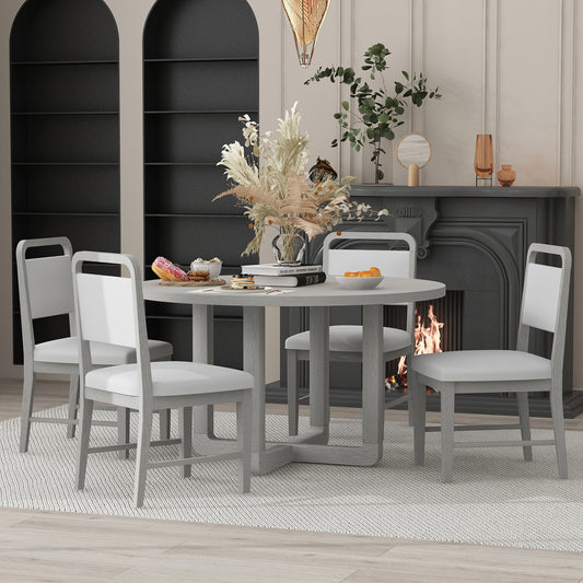 TREXM 5-Piece Round Dining Table Set for 4 with Upholstered Chairs, Wood Dining Table Set with Radial Wood Grain Design Top for Dining Room and Kitchen (Antique Gray)