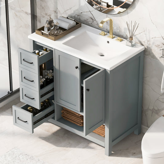 36' Bathroom Vanity with Sink Top, Bathroom Vanity Cabinet with Two Doors and Two Drawers, Solid Wood, Open shelf, MDF Boards, One Package, Grey