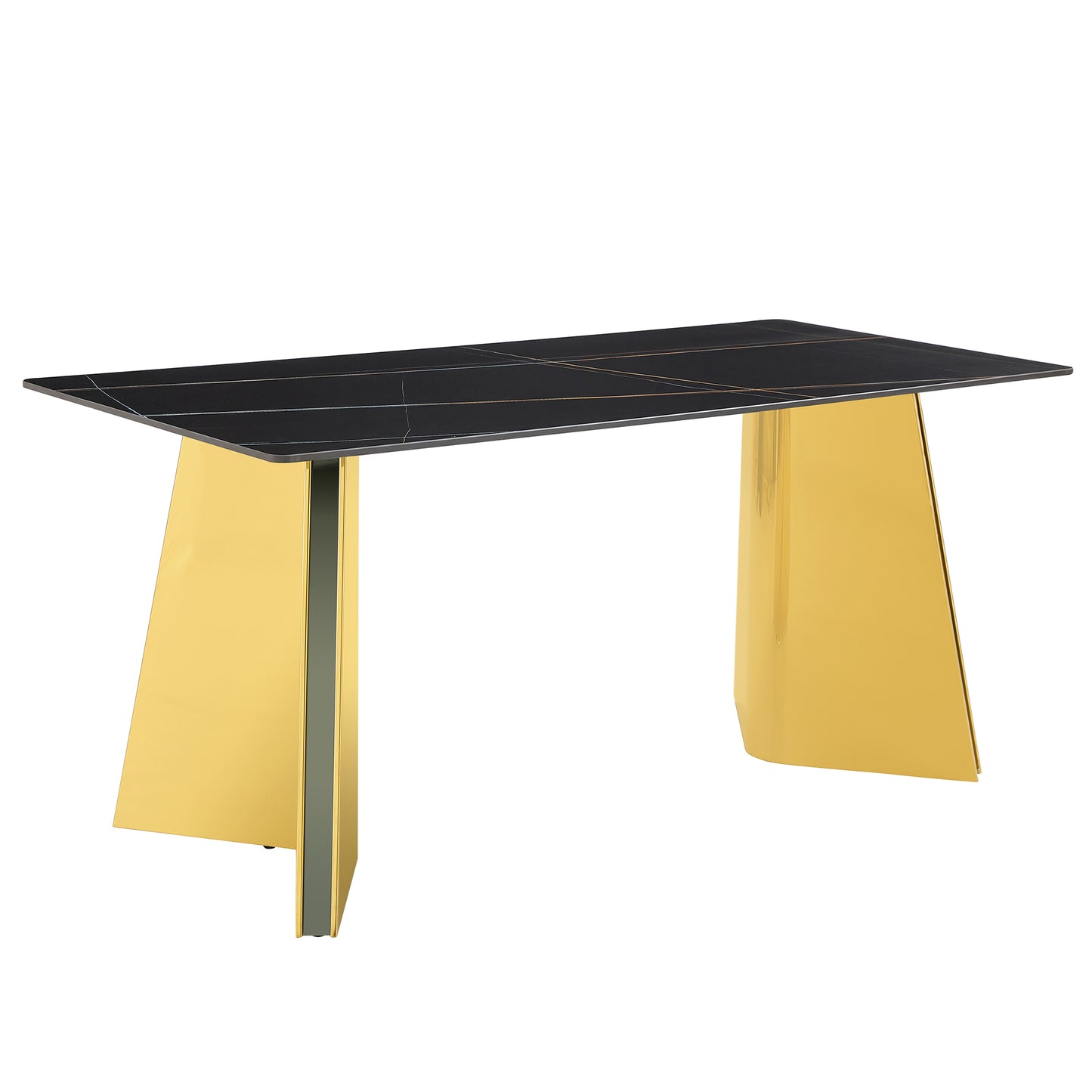 Black Marble-Patterned Slab Dining Table with Golden Stainless Steel Butterfly Legs.The tabletop is designed to be scratch and heat resistant.Slabs Tabletop,Golden Stainless Steels Legs.
