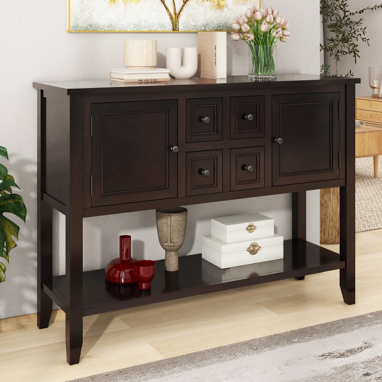 TREXM Cambridge Series  Ample Storage Vintage Console Table with Four Small Drawers and Bottom Shelf for Living Rooms, Entrances and Kitchens (Espresso, OLD SKU: WF190263AAP)