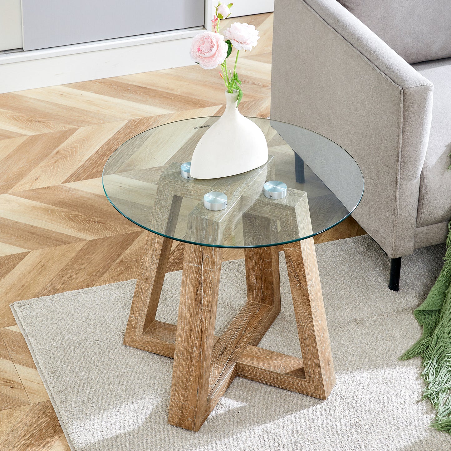 Modern and practical round table. Made of clear tempered glass top and wood-coloured MDF material. Suitable for living rooms and bedrooms.