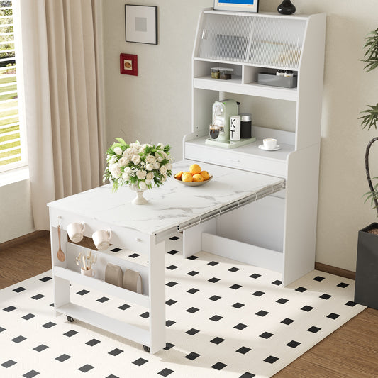 TOPMAX Compact 33.5x15.7x69inch Buffet with Hutch and Foldable Dining Table, Multifunctional Cupboard with Storage Shelf and Side Hooks for Small Places,Studio, Apartment, Marble White