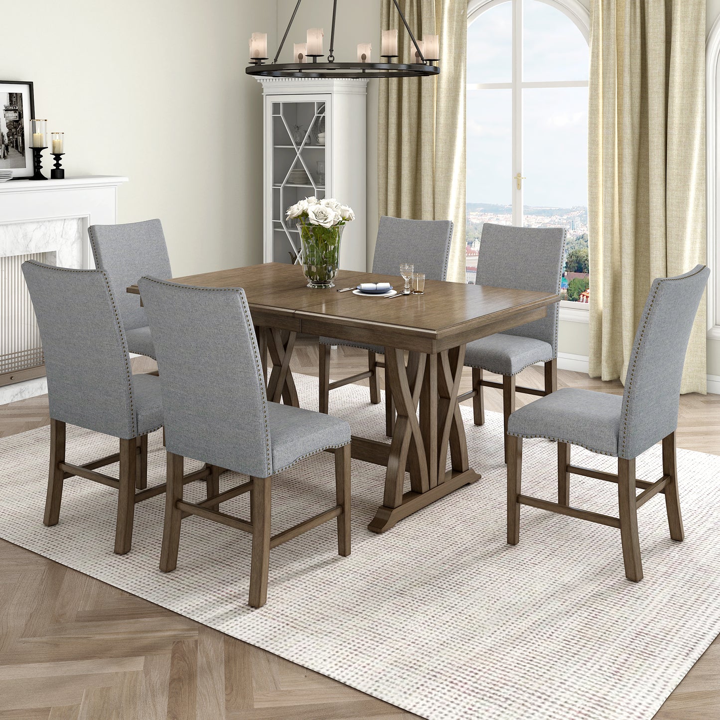 TOPMAX Mid-Century Solid Wood 7-Piece Dining Table Set Extendable Kitchen Table Set with Upholstered Chairs and 12' Leaf for 6, Golden Brown+Gray Cushion