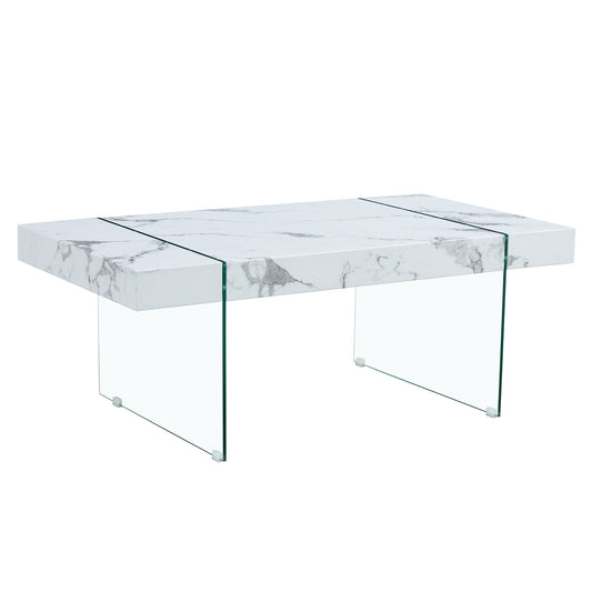 Modern white marble patterned MDF coffee table, paired with tempered glass table legs - can be designed with DIY stickers to unleash your creativity!