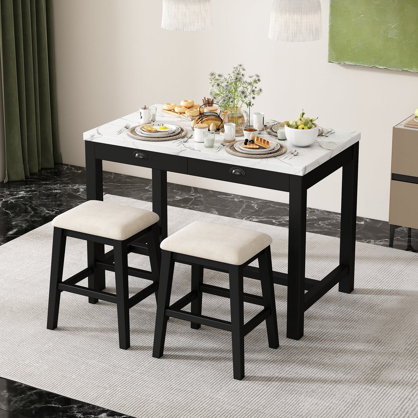 TREXM 3-Piece  Dining Table Set for 2, Counter Height Modern Kitchen Table and Chairs Set of 2 with Storage Drawers, Marble Dining Table with 2 Upholstered Chairs for Small Space (Black)