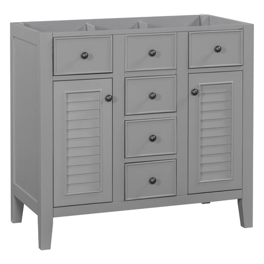 36' Bathroom Vanity without Sink, Cabinet Base Only, Two Cabinets and Five Drawers, Solid Wood Frame, Grey