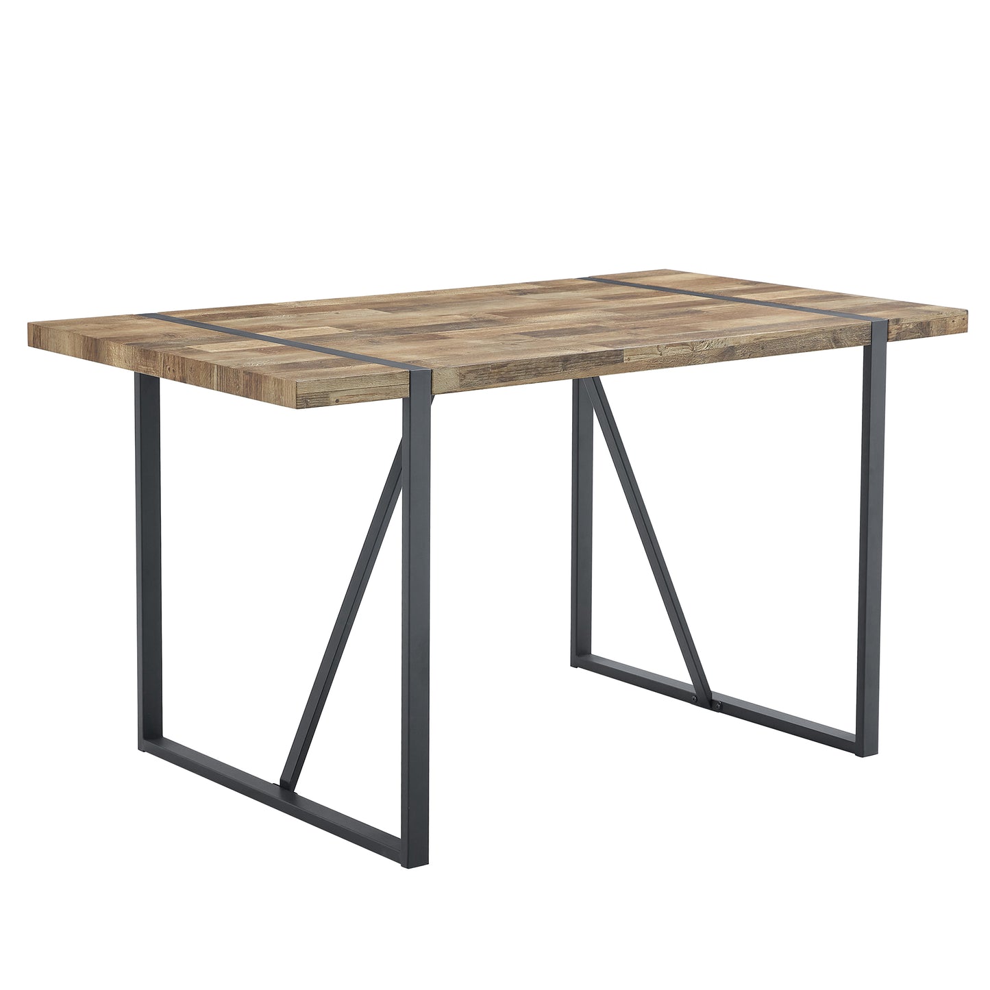 Contemporary Minimalist Retro Rectangular Dining Table with Textured MDF Wood Top and Black Metal Legs