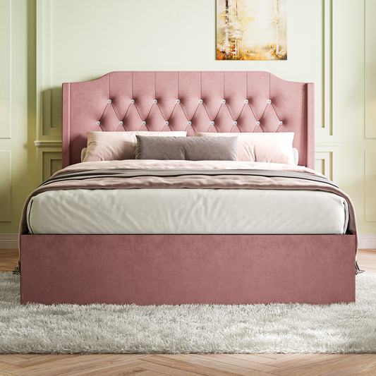 Queen Size Tufted Upholstered Bed Frame with Crystal Button Accents, Bed Frame with Wingback Headboard and Under-Bed Storage Space, No Box Spring Needed,Pink