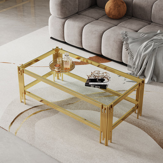 Top and Bottom Double Layer Tempered Glass Coffee Table and Mirror Finished Stainless Steel Frame