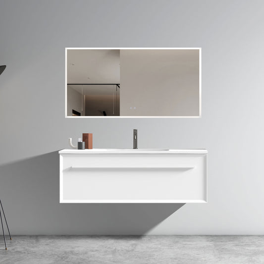 U051-Nevia48W-206 Nevia 48' Matt Snow White Bathroom Vanity with White Solid Surface Sink, Wall Mounted Floating Bathroom Vanity for Modern Bathroom, One-Piece White Basin without Drain, Pre-assembled