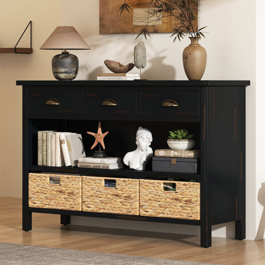 TREXM Retro Console Table with 3 Storage Drawers, Entryway Table with 3 Water Hyacinth Woven Baskets,Wooden Accent Sofa Table Buffet Cabinet for Entryway, Hallway and Living Room (Espresso)