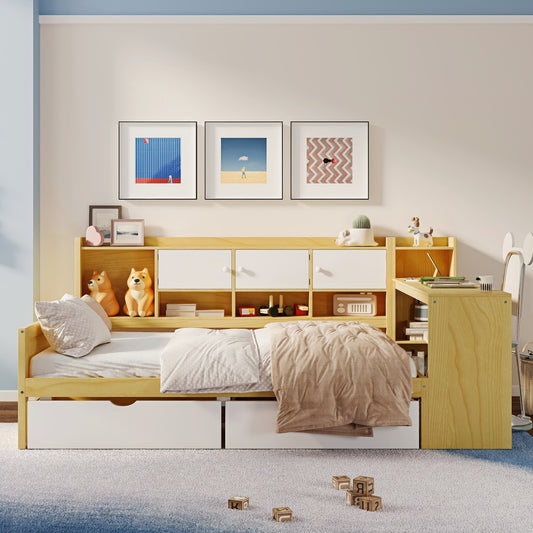 Wooden L-Shape Daybed with Seven Storage Cabinets and Two Storage Drawers, Multi-functional Bed with Study Desk and Built-in Bookshelf, Natural+White