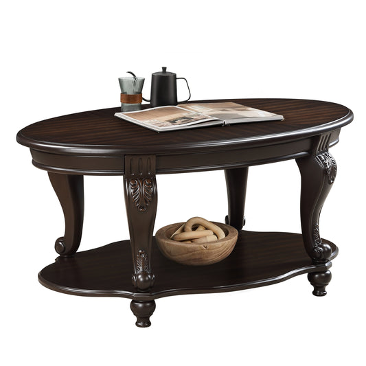 42'' oval wood coffee table for Living Room, 2-Tier Solid Wood Cocktail Table with Open Storage Shelf, Easy Assembly, Espresso