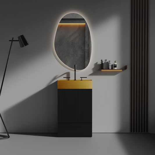 Gada 20' Striped Matt Black Bathroom Vanity with Integrated Brushed Gold 304 Stainless Steel Bathroom Sink, Freestanding Bathroom Cabinet for Modern Bathroom, KD