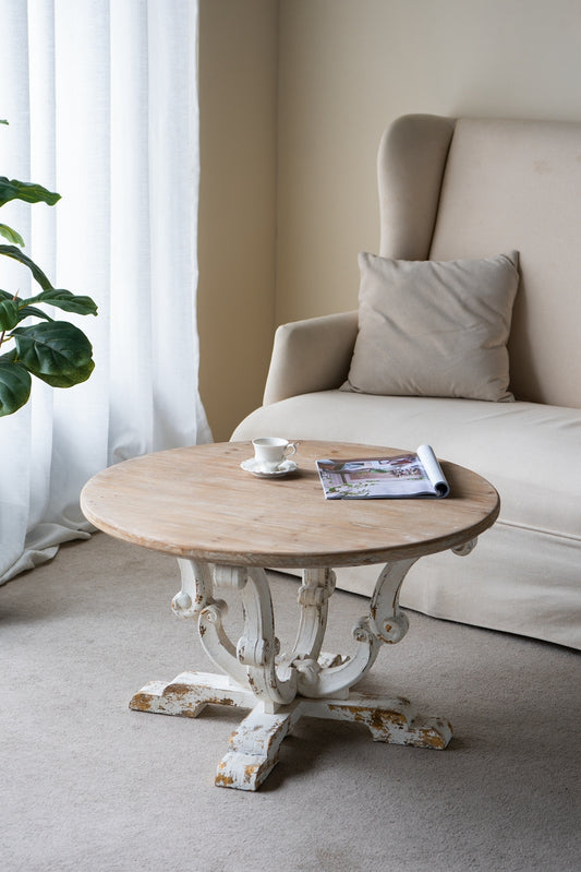 D31.5x18.5' Round Wooden Coffee Table with Distressed White Finish and Scrollwork Legs