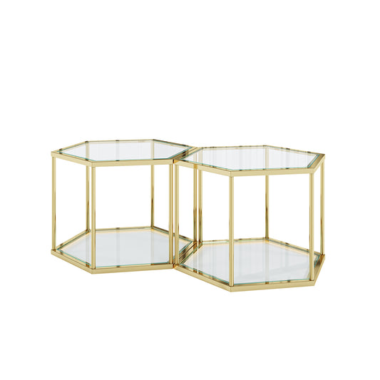 Modern Design Living Room Coffee Table with Gold Stainless Steel Frame and Tempered Glass 1+1