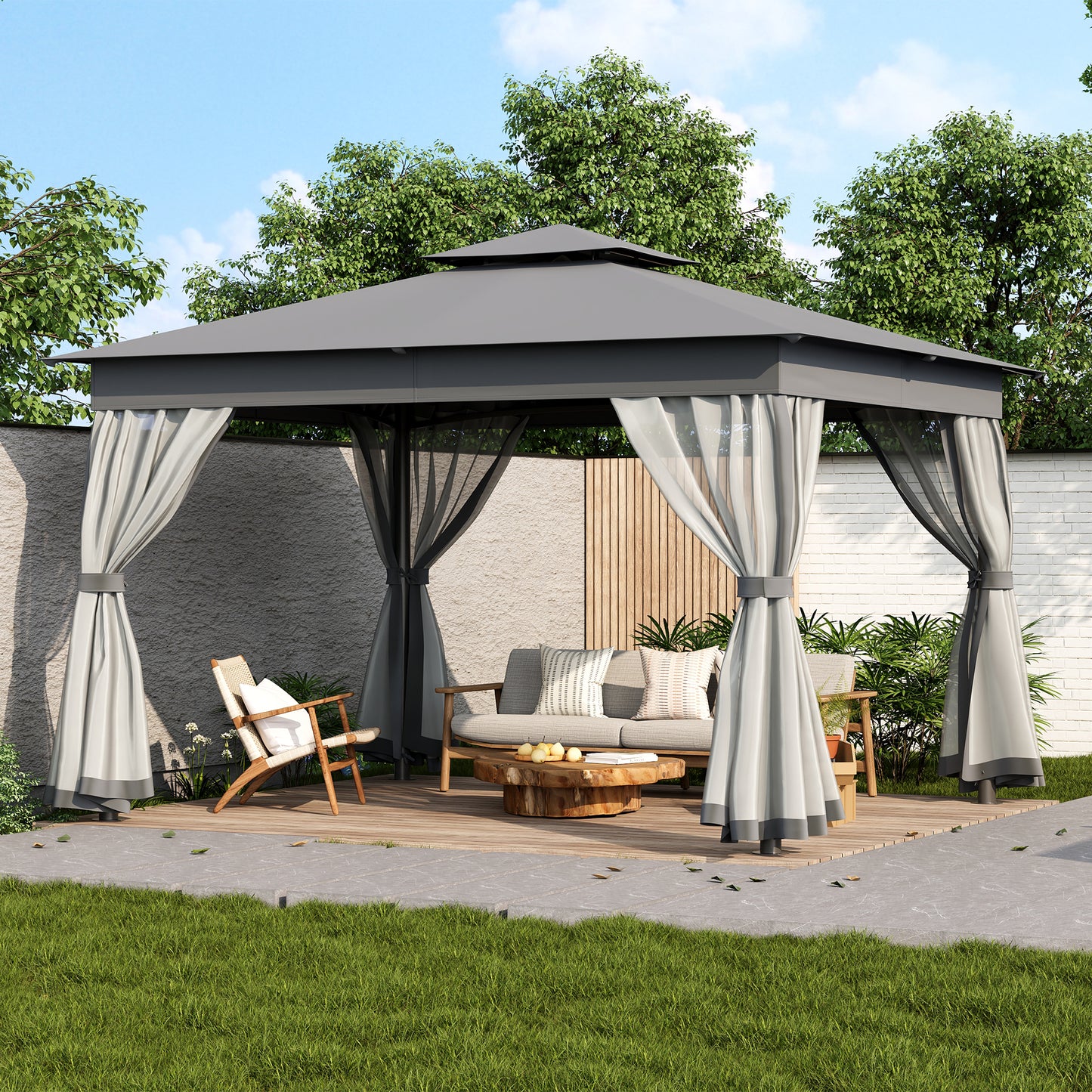 TREXM 10x12 Outdoor Gazebo Tent with Double Roofs, Patio Gazebo with Mosquito Netting, Patio Canopy for Backyard, Garden, Lawn and Deck (Grey)
