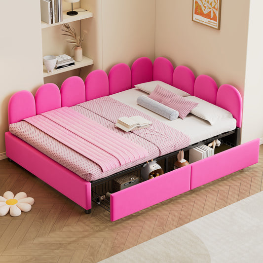 Full Size Upholstered Daybed with 2 Drawers, Velvet Sofabed with Soft Fabric Headboard, No Box-spring Needed, Rose Red