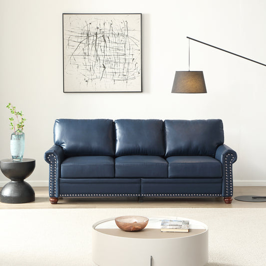 Classic Living Room Round Arm with Silver Nails Sofa Navy Blue Faux Leather