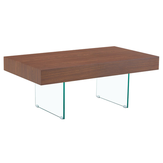 Walnut Colored MDF Coffee Table  With Tempered Glass Legs.Density Board Sticker,Reinforced Glass Legs.Walnut Colored Texture Sticker.