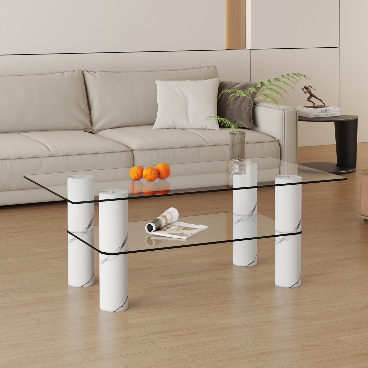 Modern minimalist double layered transparent tempered glass coffee table and coffee table, paired with white MDF decorative columns. Computer desk. Game table. CT-X02 W1151P149103