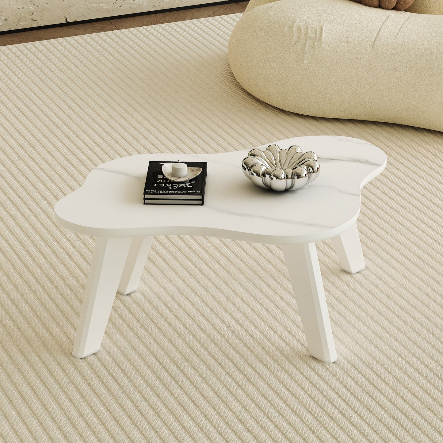 Modern minimalist white imitation marble table top.  Solid wood legs, cloud shape to give you a new experience, computer desk.  The game table.  Suitable for dining and living rooms.
