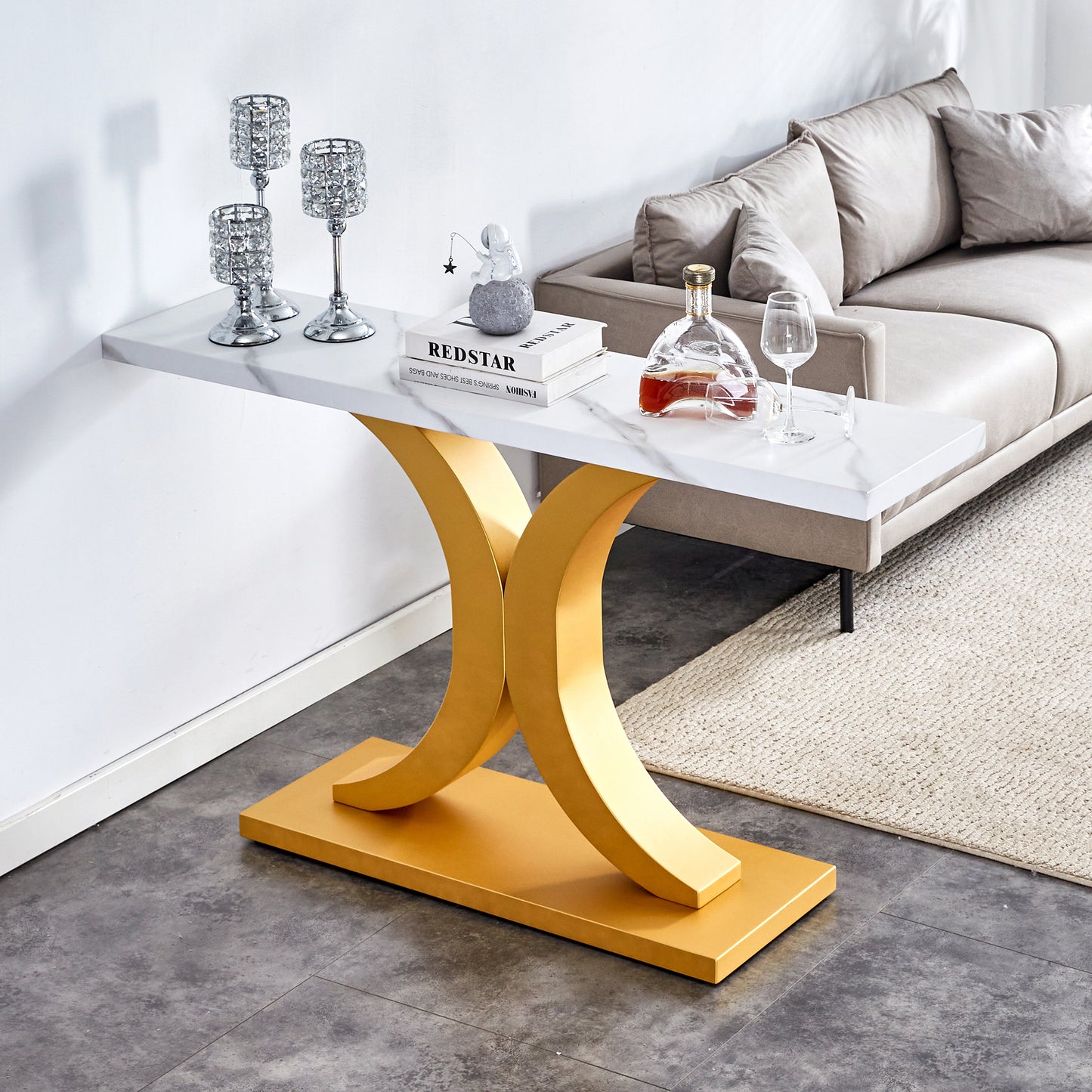 A modern minimalist style foyer table with white tabletop, gold bracket, and bottom plate, enhancing the beauty and artistic atmosphere of the home,W1512P264937/W1151P148174