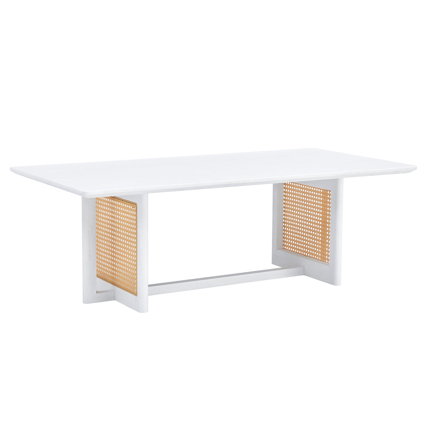 Chinese Style White Solid Wood and Imitation Rattan Coffee Table, Rectangular Low Table for Small Living Rooms