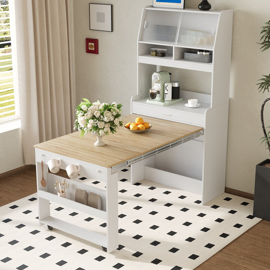 TOPMAX Compact 33.5x15.7x69inch Buffet with Hutch and Foldable Dining Table, Multifunctional Cupboard with Storage Shelf and Side Hooks for Small Places,Studio, Apartment, Natural