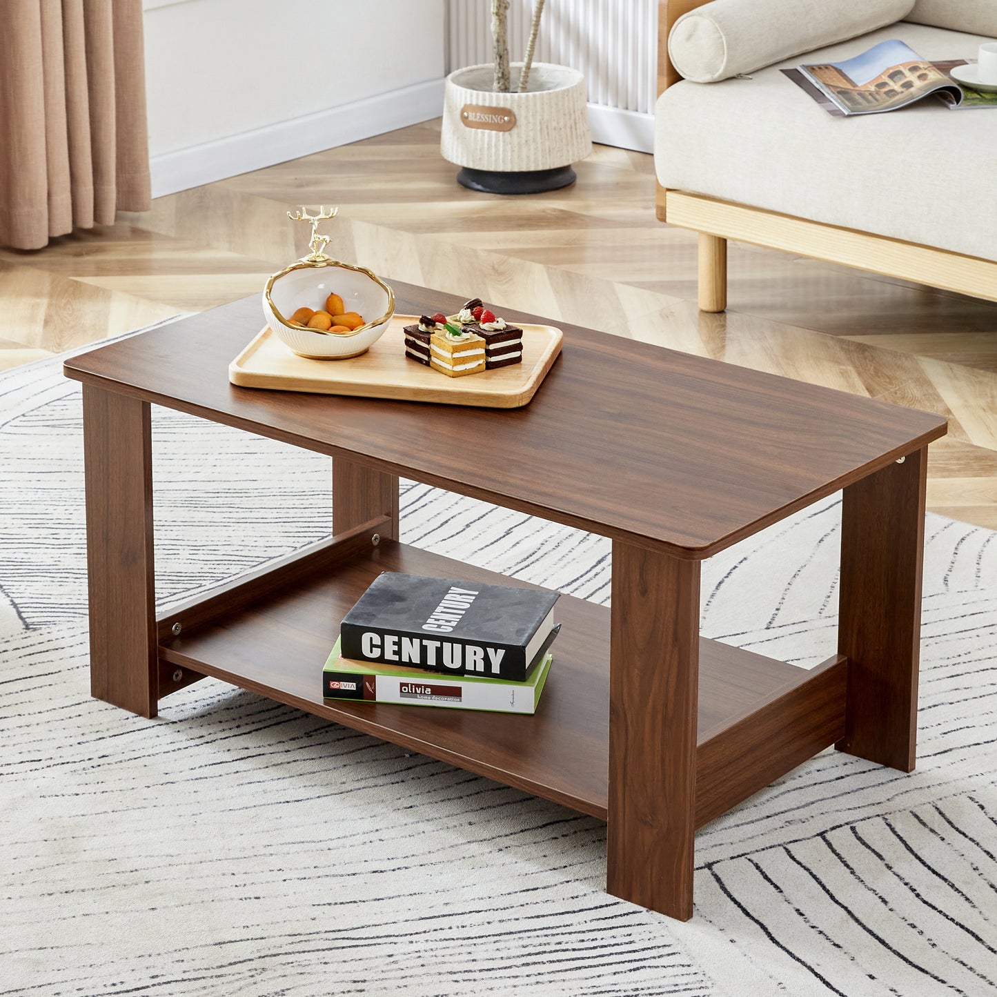 Modern minimalist walnut colored double layered rectangular coffee table ,tea table.MDF material is more durable,Suitable for living room, bedroom, and study room.19.6'*35.4'*16.5'  CT-16