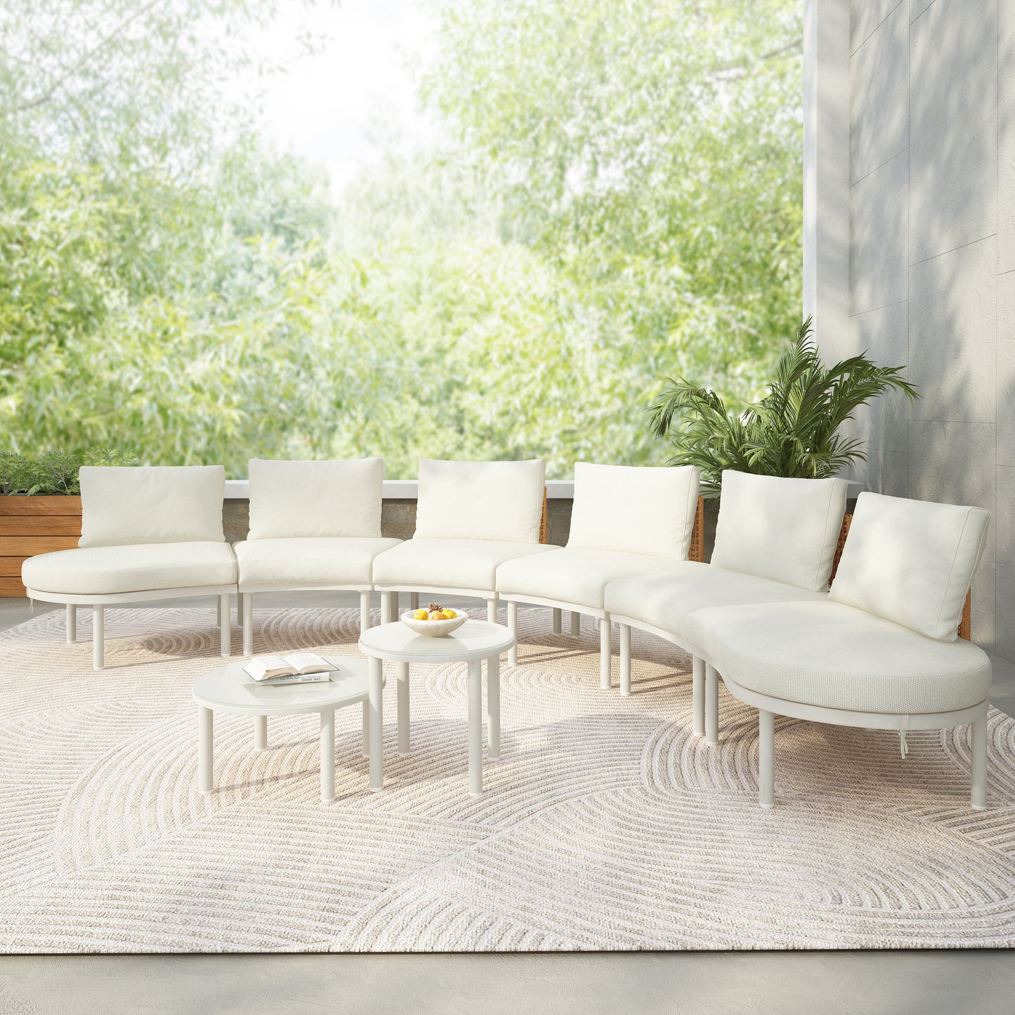 TOPMAX 8-Piece Patio Sofa Furniture Set, Half Moon Outdoor Sectional Sofa with 2 High-Low Coffee Tables, PE Wicker Rattan, Tempered Glass, 6 Pillows & Cushions, for Backyard, Garden, Poolside,Beige