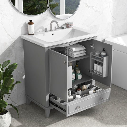 30' Bathroom Vanity with Sink Combo, Multi-functional Bathroom Cabinet with Doors and Drawer, Solid Frame and MDF Board, Grey