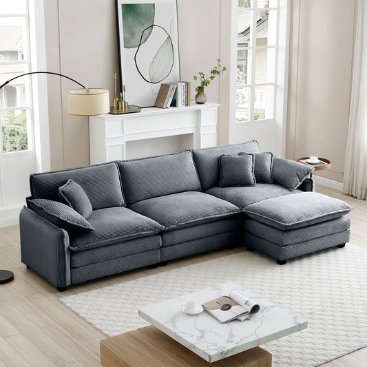 Oversize 3-seater sofa with One footrest, L-shaped Sectional sofa with ottoman for living rooms,Grey corduroy sofa
