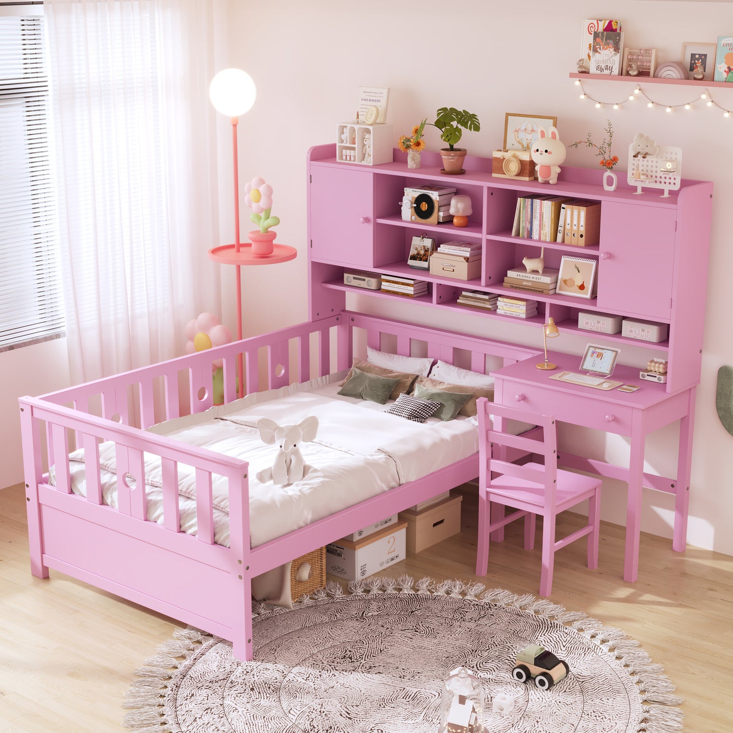 Twin Size Multifunctional Wood Platform Bed with Bookshelf at the Head of the Bed, Built-in Desk and Matching Chair, Pink