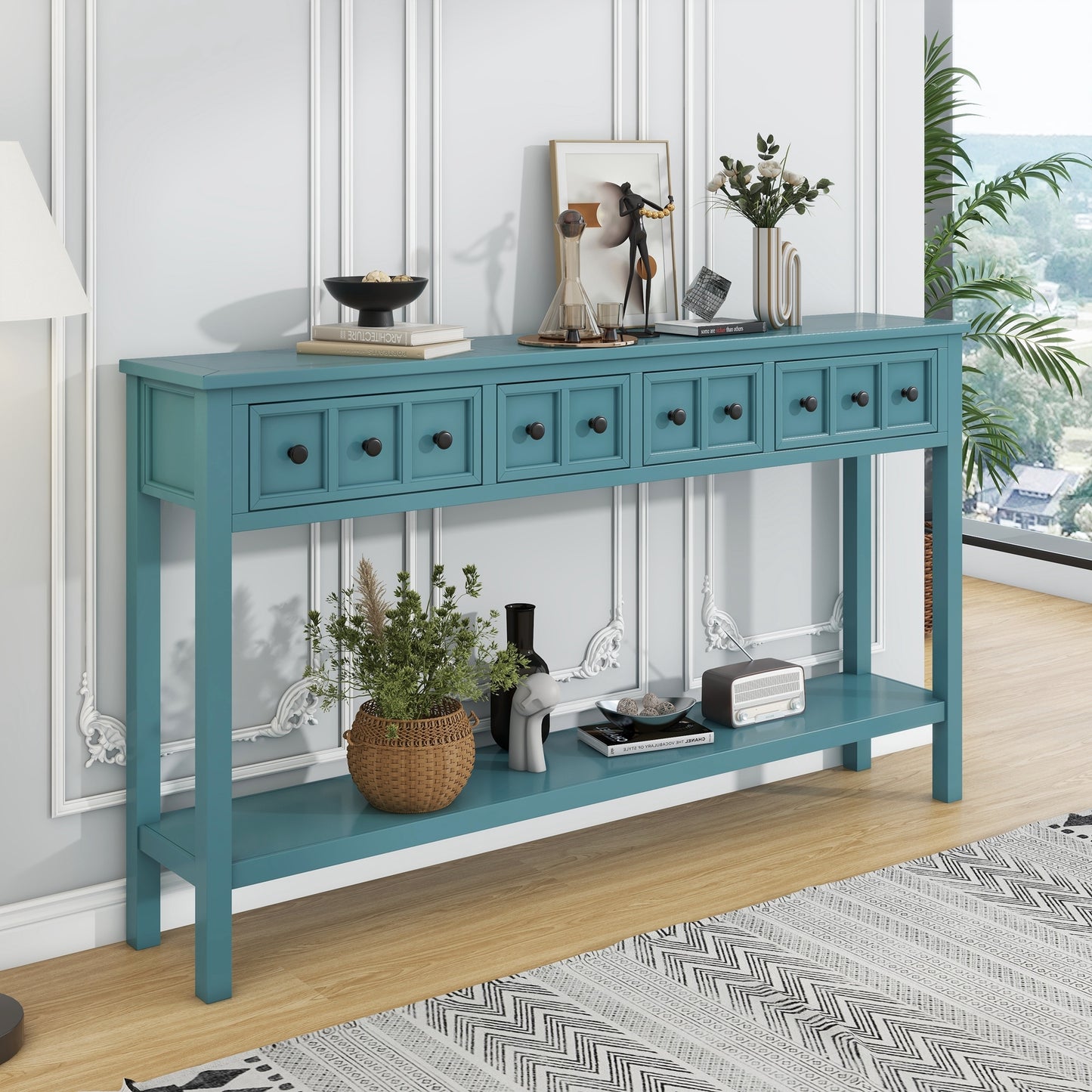 TREXM Rustic Entryway Console Table, 60' Long Sofa Table with two Different Size Drawers and Bottom Shelf for Storage (Turquoise Green)