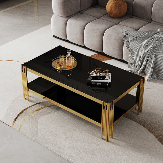Top and Bottom Double Layer Tempered Glass Coffee Table and Mirror Finished Stainless Steel Frame