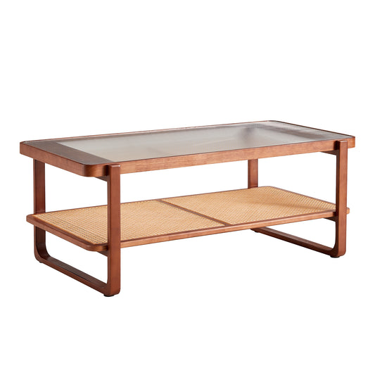 Modern simple rectangle double-layer Walnut color solid wood Glass desktop tea table rattan woven Chinese side table small rectangle table suitable for living room, dining room and bedroom.