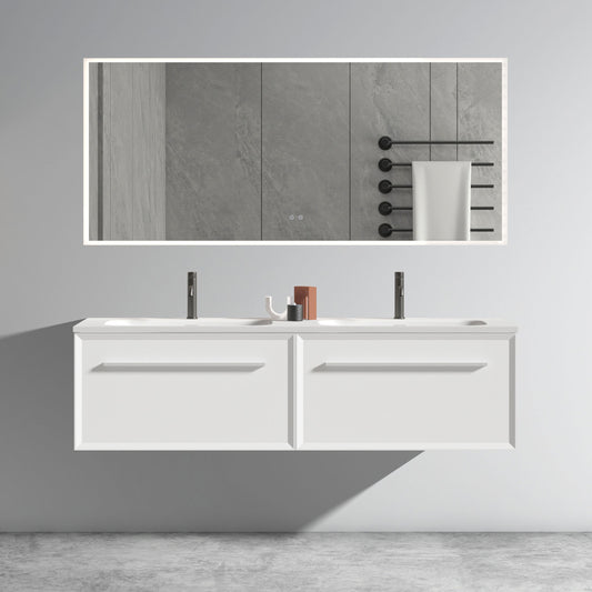 U052-Nevia60W-206 Nevia 60' Matt Snow White Bathroom Vanity with Automatic LED Drawer Light, Wall Mounted Bathroom Vanity with Integrated Solid Surface Sink, WITHOUT Drain, Pre-assembled