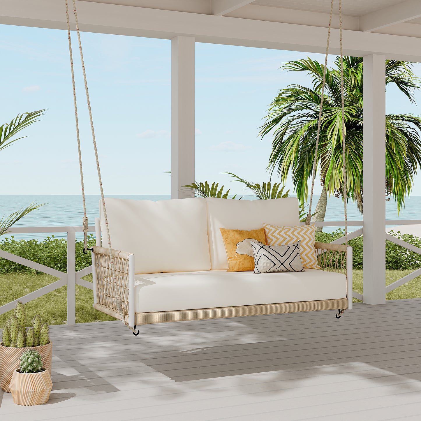 TREXM 1-Piece Woven Rope Outdoor Swing Sofa with Soft Cushions Seating 2 for Patio, Courtyard and Balcony (Beige)