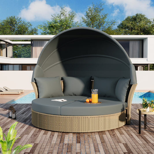 Outdoor Patio Daybed Wicker Rattan Double Daybed Round Sofa Furniture Set with Retractable Canopy, 4 Pillows for Lawn Garden Backyard Porch Pool, Grey