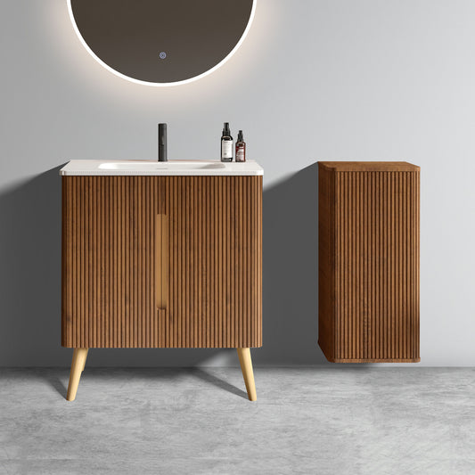 Etna 30' Striped Walnut Bathroom Vanity with Sink & Side Cabinet, Freestanding Vanity & Floating Storage Cabinet Combo for Modern Bathroom, KD