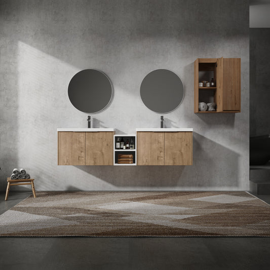 72' Wall-Mounted Bathroom Vanity With Sink and Side Cabinet, Soft Close Doors,00112IMO-00630IMOx2-00612GWH Combination Cabinet(KD-Packing)